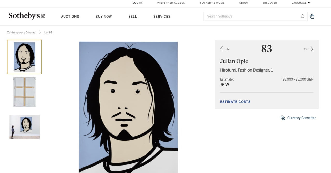 ソフ清永浩文を描いたジュリアン・オピーの作品が競売に、ロンドンのサザビーズに出品