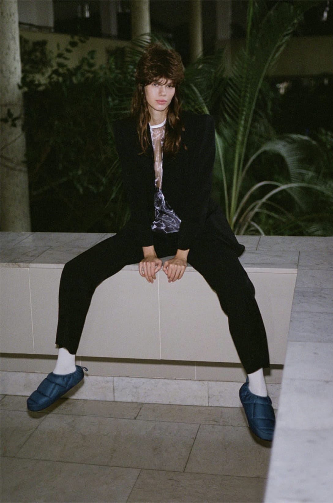 jacket and trousers by PHILOSOPHY DI LORENZO SERAFINI, dress by HELMUT LANG, socks by CALZEDONIA, shoes by THE NORTH FACE