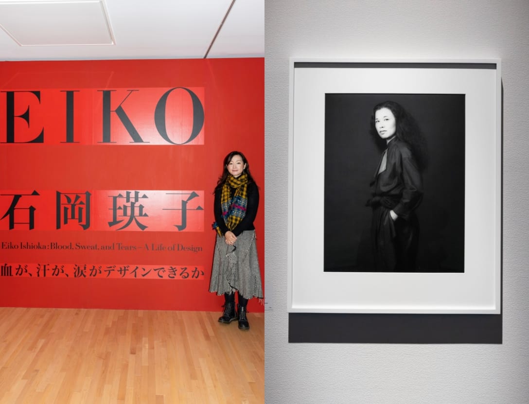 左)同展キュレーター 藪前知子 右)展示風景より 石岡瑛子 1983年 Image by Robert Mapplethorpe ©Robert Mapplethorpe Foundation. Used by permission. Image by FASHIONSNAP.COM